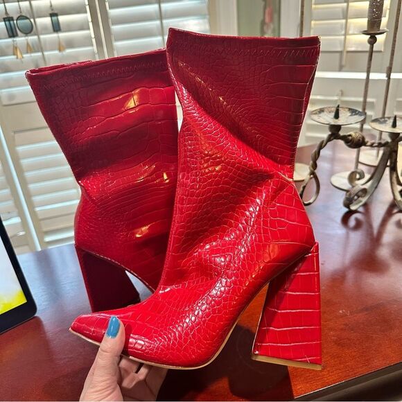 EGO Shoes - EGO Global Flare Heel Ankle Boots in Red Croc Size 8 - UK 6